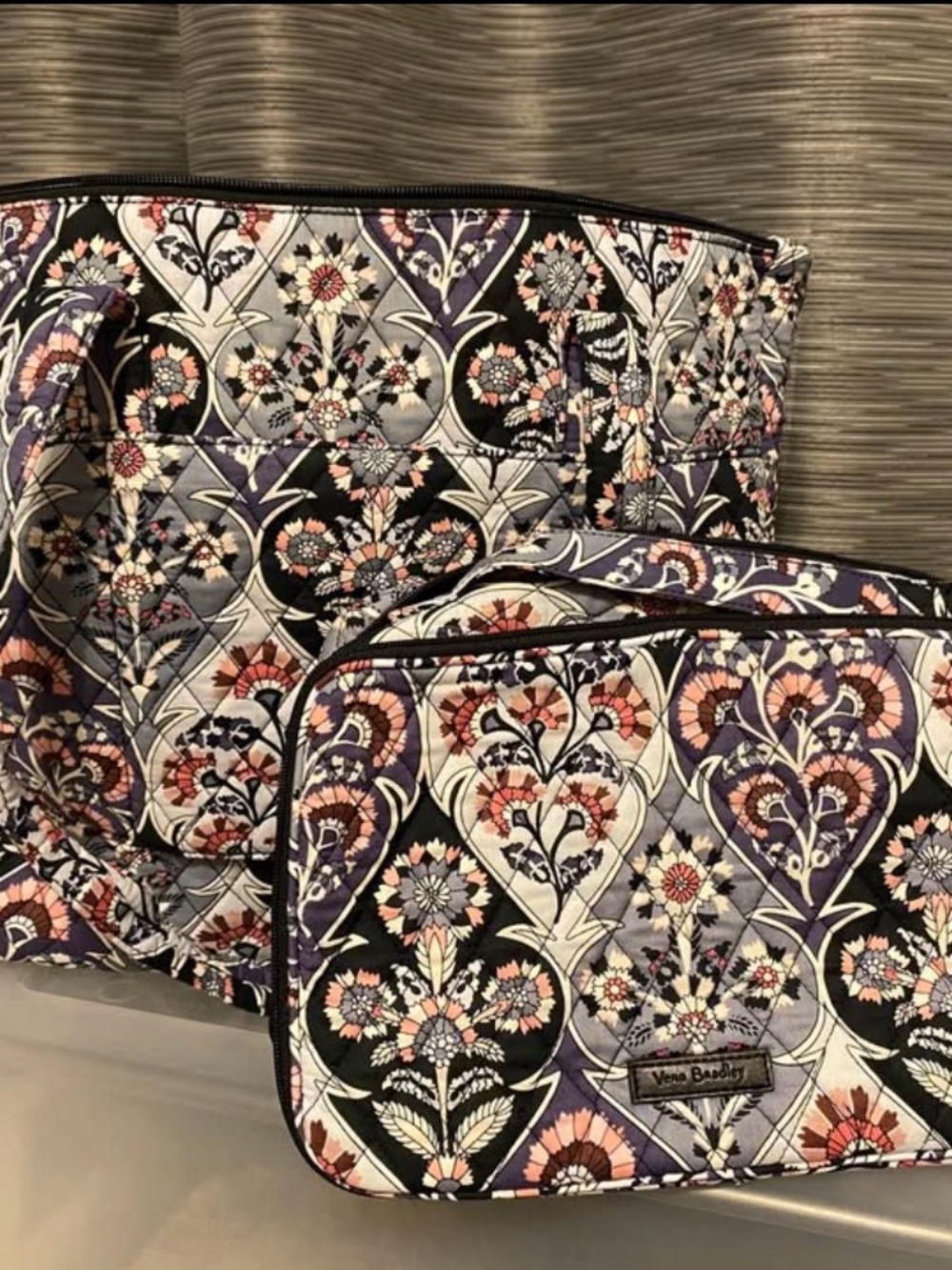 Vera Bradley Quilted Floral Tote and Cosmetic Set - Black, Purple, Pink
